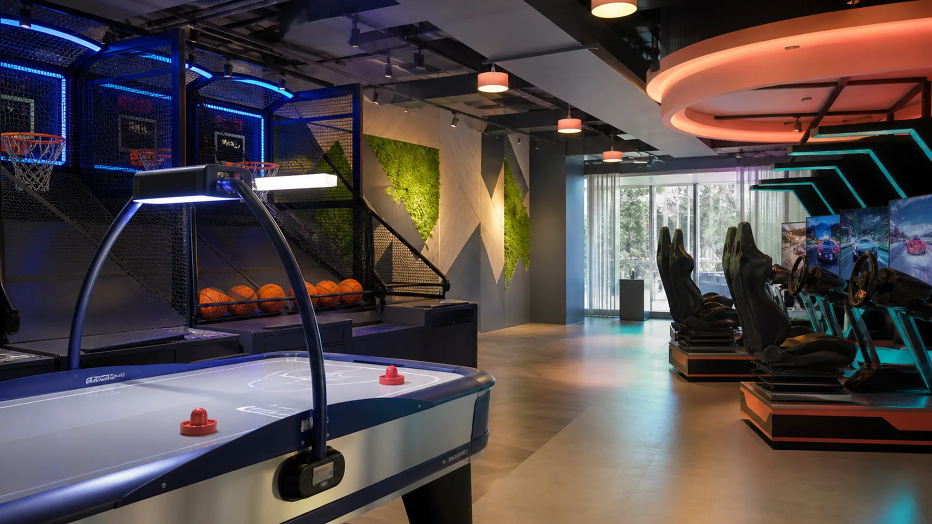 Redactioneel detail van een moderne recreatieve arcade zonder kansspelclaim