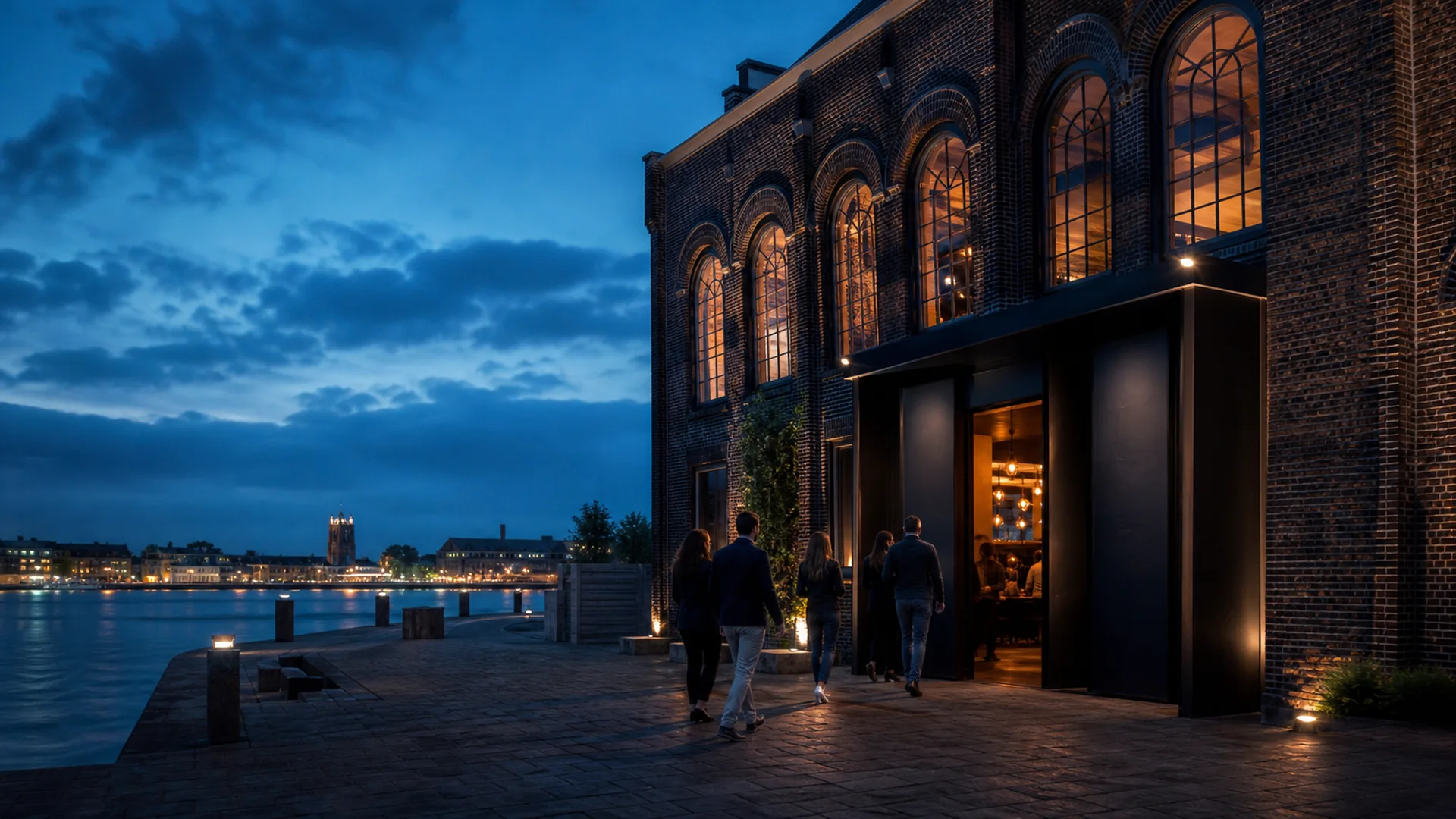 Redactionele avondimpressie van de skyline van Dordrecht en een moderne entertainmentlocatie