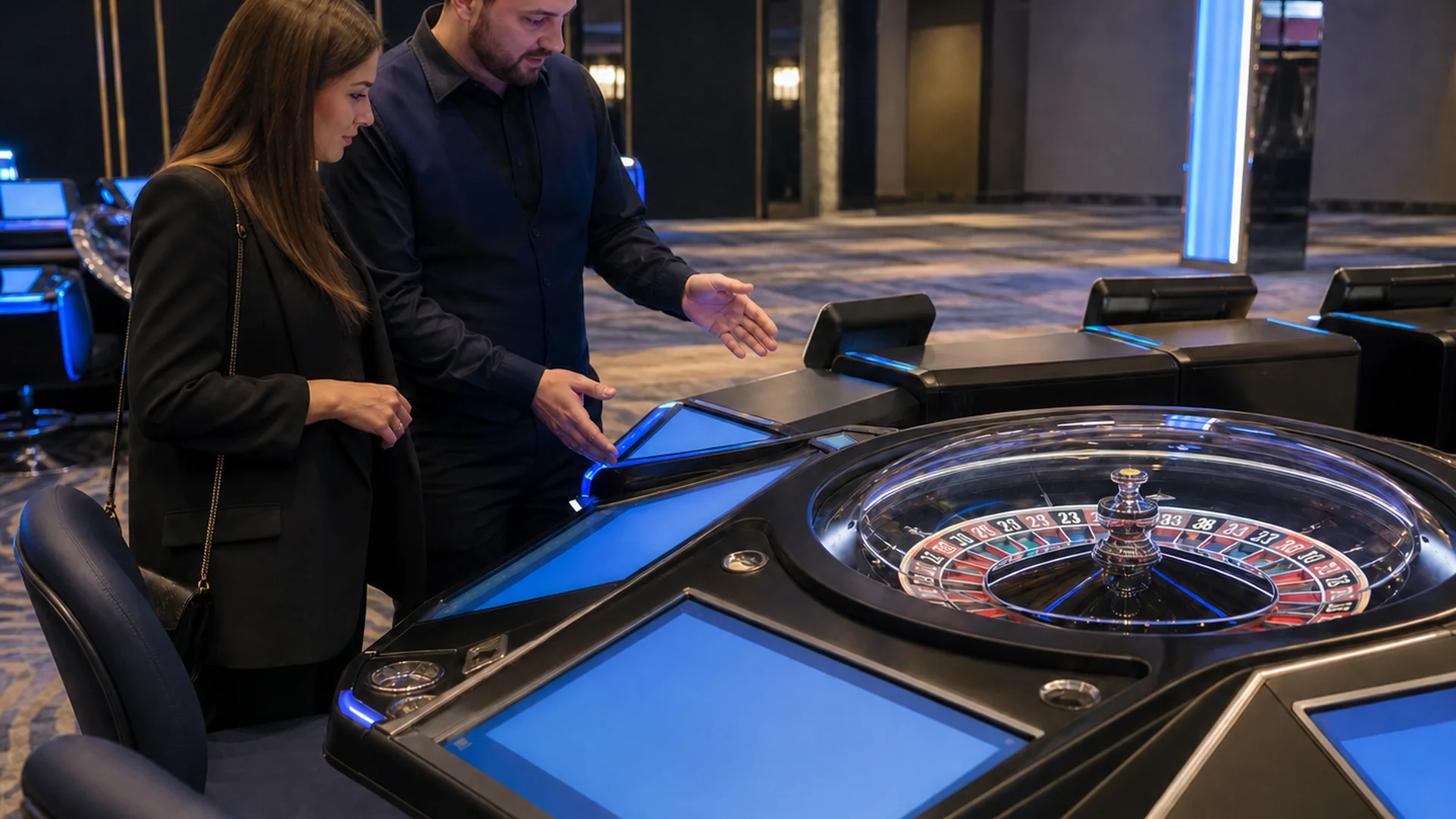 Redactioneel detail van een generieke elektronische roulette-opstelling zonder merk of tekst